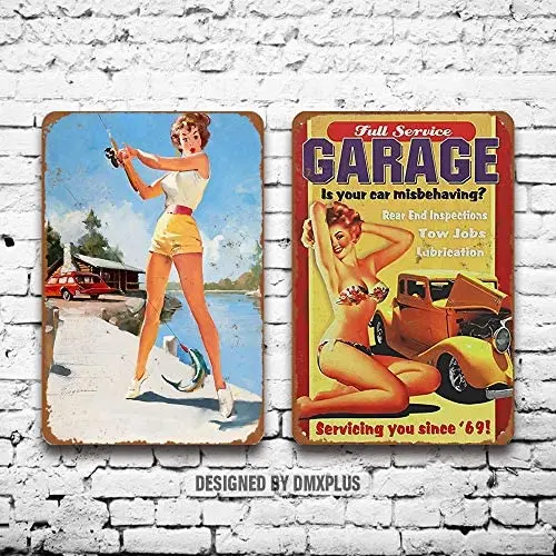 

Металлический знак (набор из 2) оловянные знаки полный сервис гараж пикантная девушка винтажный внешний вид настенное украшение домашний де...