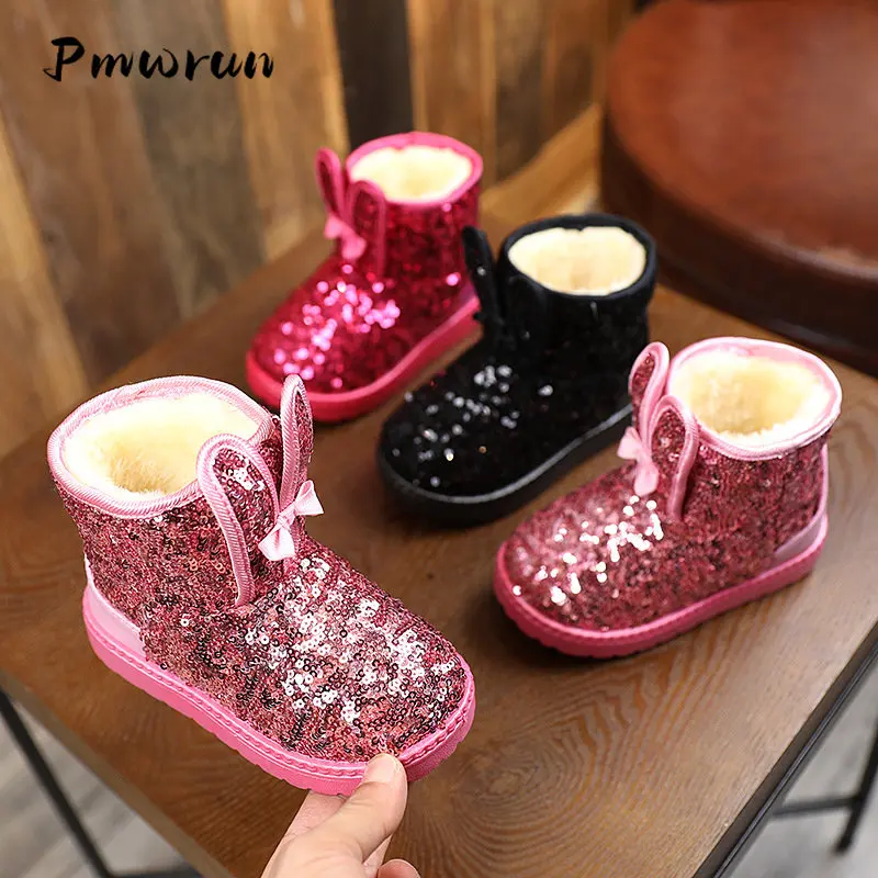 Children Winter Warm Cute Rabbit Plush Snow Boots Kid Bling Bling Outdoor Hiking Climb Shoes Student Flat Padded Thickened Shoes