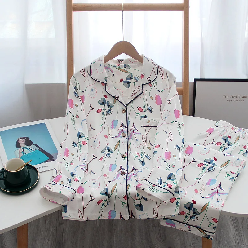 Ladies Pure Cotton Simple Floral Loose Pajamas Cover Printing Long-sleeved Home Service Two-piece Set Pyjamas Women