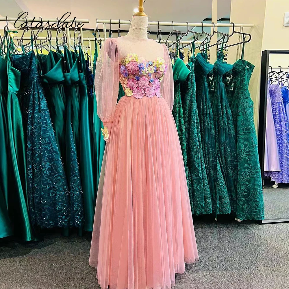 

Catasdate Long Sleeve Prom Dress Long Flowers Applique Christmas Party Dress for Women Formal Engagement Dress rode de soiree