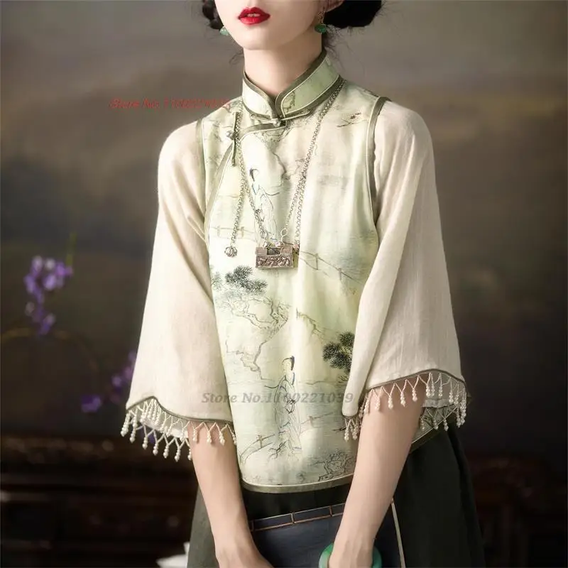 

2023 elegant national qipao blouse traditional chinese flower print women tea service hanfu shirt ethnic tang suit retro blouse