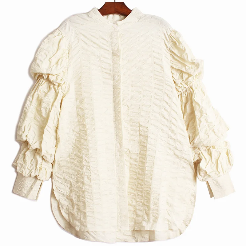 

Palace 2022 Spring New Pleated Three-dimensional Puff Sleeve Retro Loose oversized STAND Casual Solid Women Shirts N471