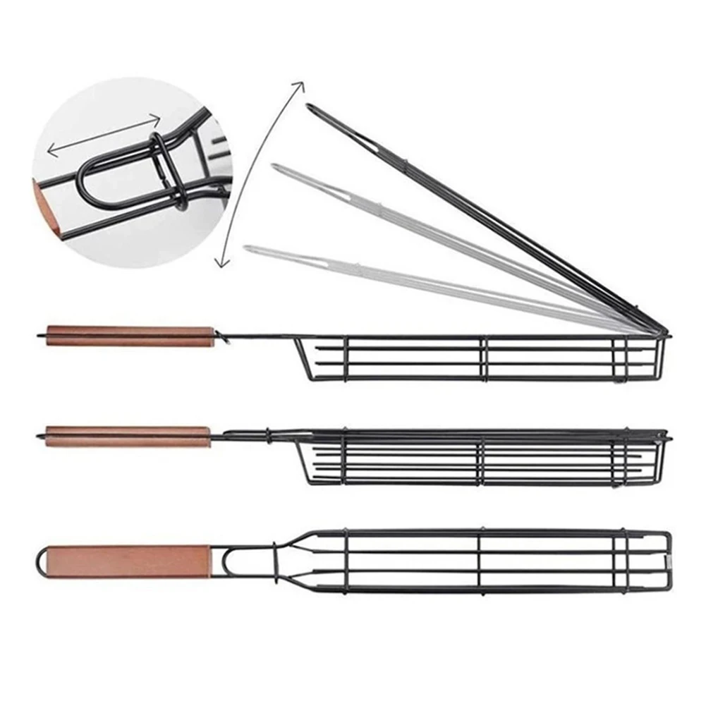 

49cm Kabob Grilling Basket Stainless Steel Grill Basket with Wooden Handle Non-Stick Barbeque Grill Mesh Party Camping BBQ Tool