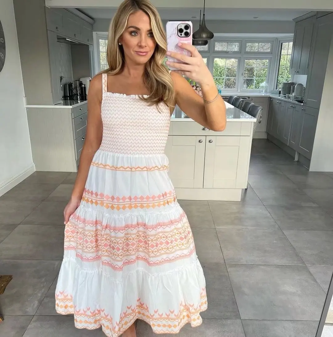 

2022 Embroidery High Waist Spaghetti Strap Vocation Holiday Beach A-line Dress