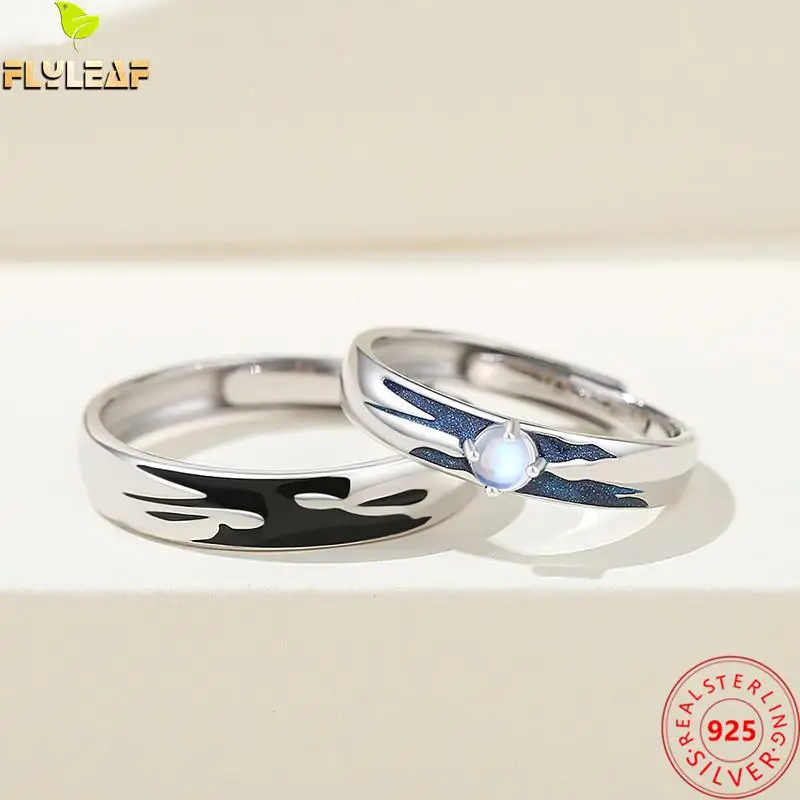 

Real 925 Sterling Silver Jewelry Love Abyss Moonstone Open Couple Ring For Women Men Original Design Romantic Lovers Accessories