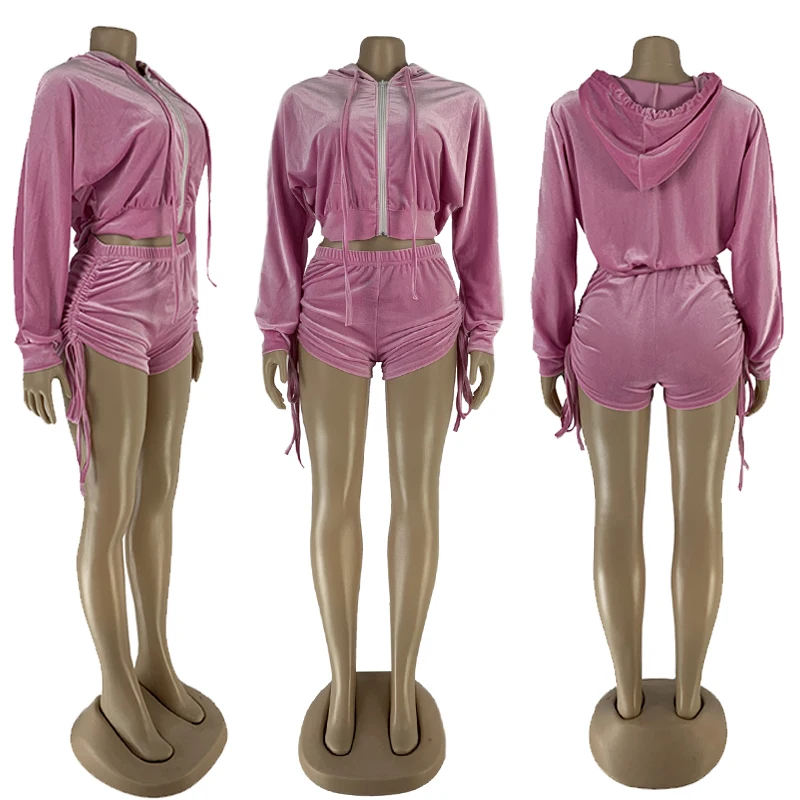 Hooded Velvet Tracksuit Women Sportwear Fall Winter 2 Piece Set Shorts and Top Zipper Two Outfit Sets 2022 |