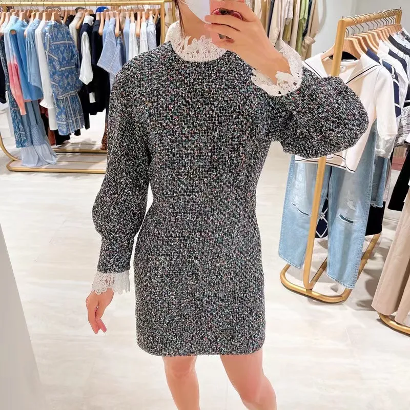 

Office Lady Lace Collar Tweed Dresses Elegant Long Sleeve Woolen Mini Dress Winter 2022 Vintage Fashion High Waist Slim Vestidos