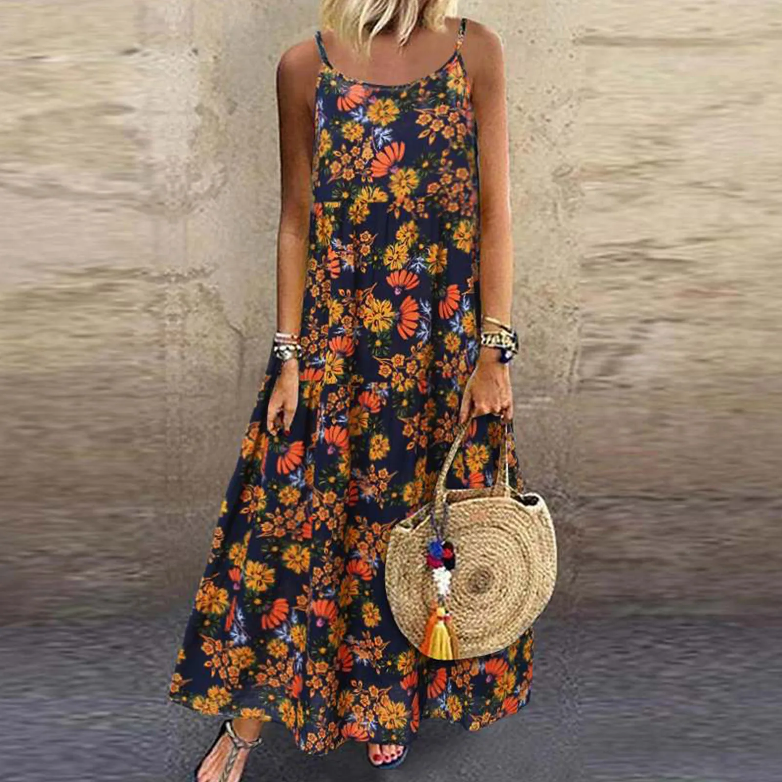 

Летние платья для женщин, повседневное свободное женское платье макси на тонких бретелях, женское пляжное платье