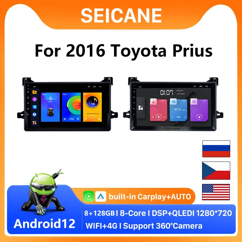Автомагнитола Seicane, мультимедийный плеер 2DIN на Android 12, с сенсорным экраном 9 дюймов, gps, Wi-Fi, Bluetooth, камерой заднего вида, для Toyota Prius XW50, 2015-2022