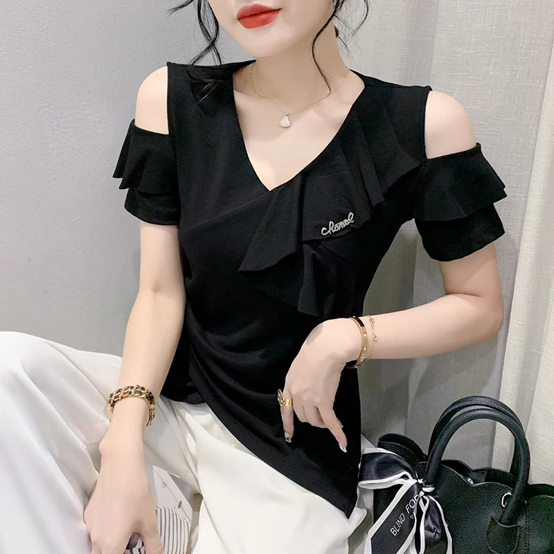 

2023 New Summer European Clothes Mesh T-Shirt Women Fashion Sexy V-Neck Off Shoulder Ruffles Slit Tops Short Sleeve Tees 36151