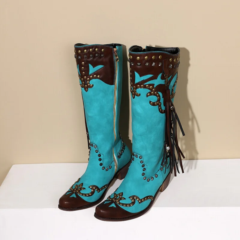 2023Women's Western Boots Tassel Spliced Ethnic Style Retro Side Zip Chunky Heel High Boots 0K200