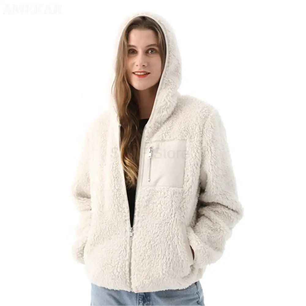 Women Winter Real Fur With Hood Coat Long Sleeve Pocket Pure Color Real Fur Jacket Fluffy Zipper Leisure women's Clothing