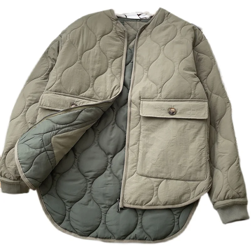 Армейский зеленый хлопок женские парки осень зима v-образный вырез карман с