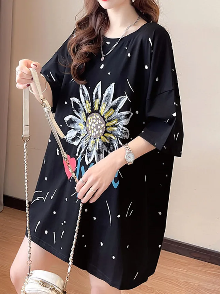 

2022 Summer Women's T Shirt Korean Fashion Print Medium Long Loose Short Sleeve Black Harajuku Kawaii T-shirt Oversized T-shirt