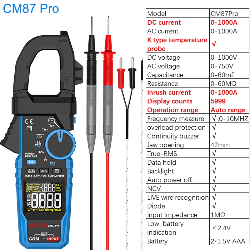 

Mestek CM87Pro цифровые клещи 1000A 1000В