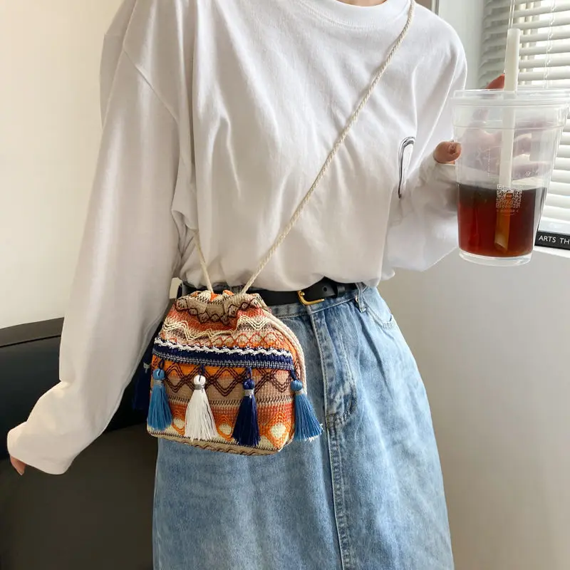 National Drawstring Bag Woven Versatile Messenger Bag Shoulder Bag Retro Mini Korean Tassel Bucket Bag сумка женская 2022 тренд