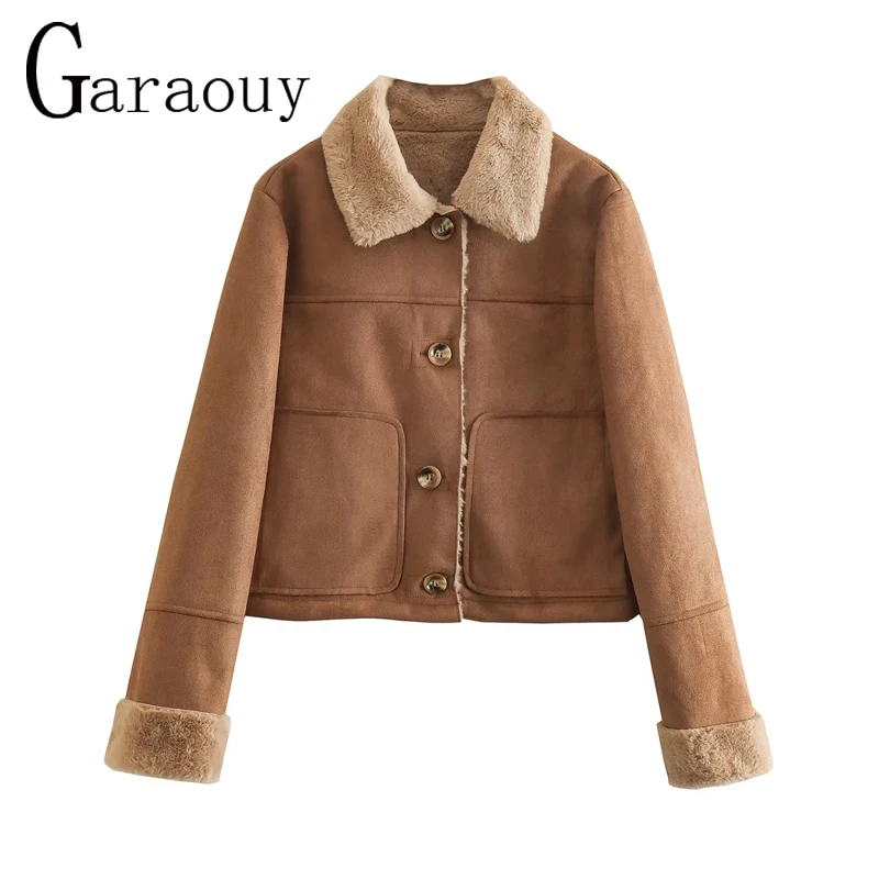 Garaouy 2022 Winter Woman Jackets Thick Warm Fleece Faux Suede Splice Short Coats Ladies Chic Vintage Biker Outwear Mujer Tops