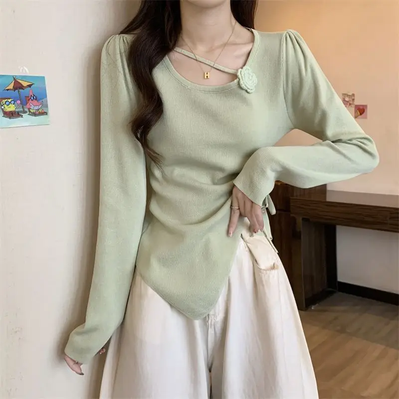 Корейский тривимерный вязаный женский топ с длинными рукавами и розой осенний