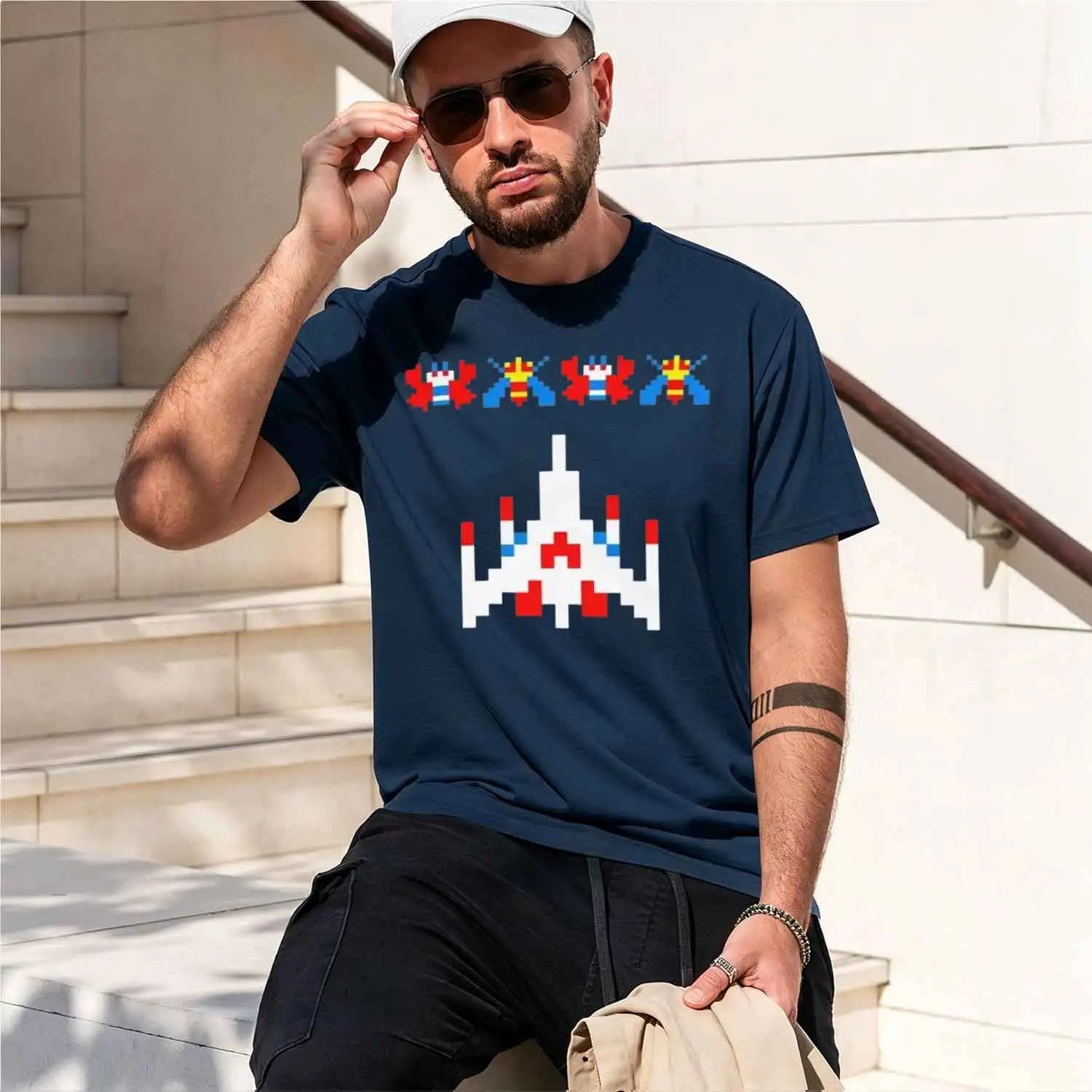 Фото Винтажная футболка в стиле 80-х и 70-х годов с изображением видеоигры Galaga Invader Space Gaming, мужская футболка в стиле Харадзюку, ретро, повседневная модная футболка, 20 шт. №5