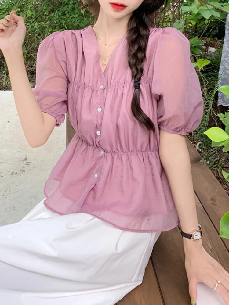 

Cute Woman Summer Chiffon Shirt Japanese Loli Girl Sweet Style Splicing Lace Puff Sleeves Niche Design Gentle Girls' Shirt Tops