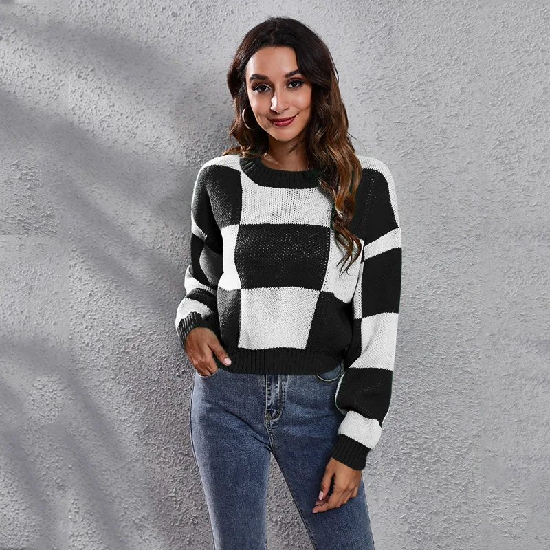 

New Chessboard Checker Shoulder Drop Long Sleeve Loose Knitted Sweater Women's Clothing Checker Round Neck Short Pullover Tops