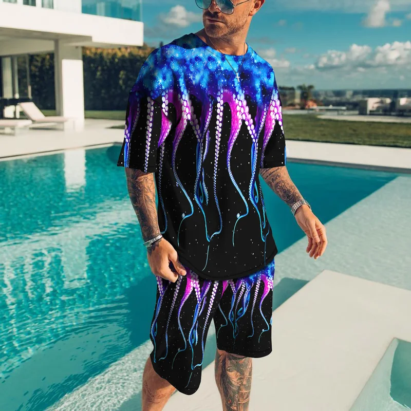 

Summer Men's Tracksuit Octopus Whiskers Print 2 Piece T-Shirt Shorts Suit Outfits Jogging Set Streetwear Oversized Clothing