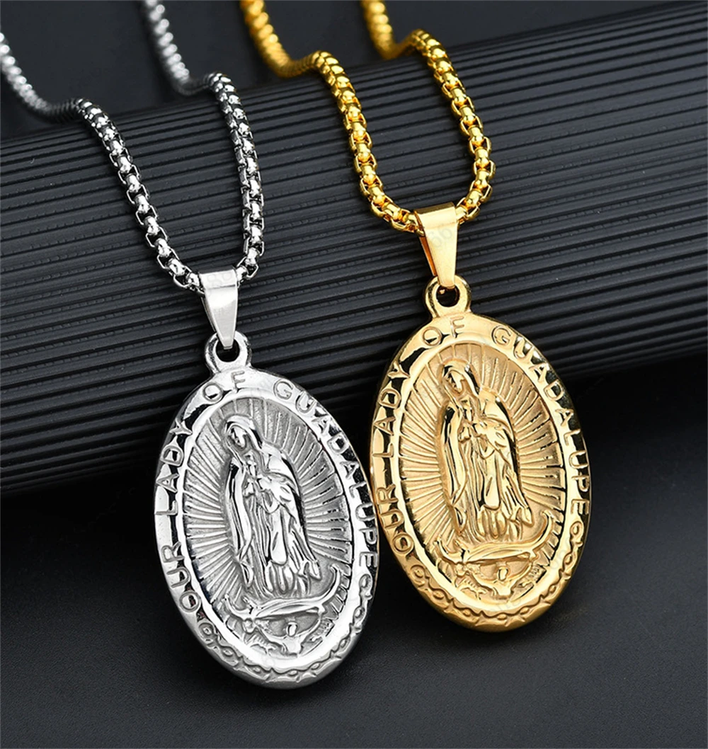 

Holy Virgin Mary Statue Pendant Amulet Necklace Stainless Steel Chain Necklace for Women Collier Christian Believers Jewelry