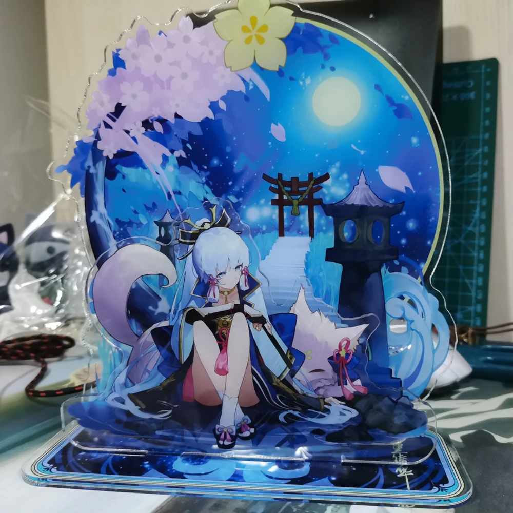

Anime Game Genshin Impac Original Acrylic Figure Stand Kamisato Ayaka Japanese Cherry Flowered Fox Figure Stand Keychain Cosplay