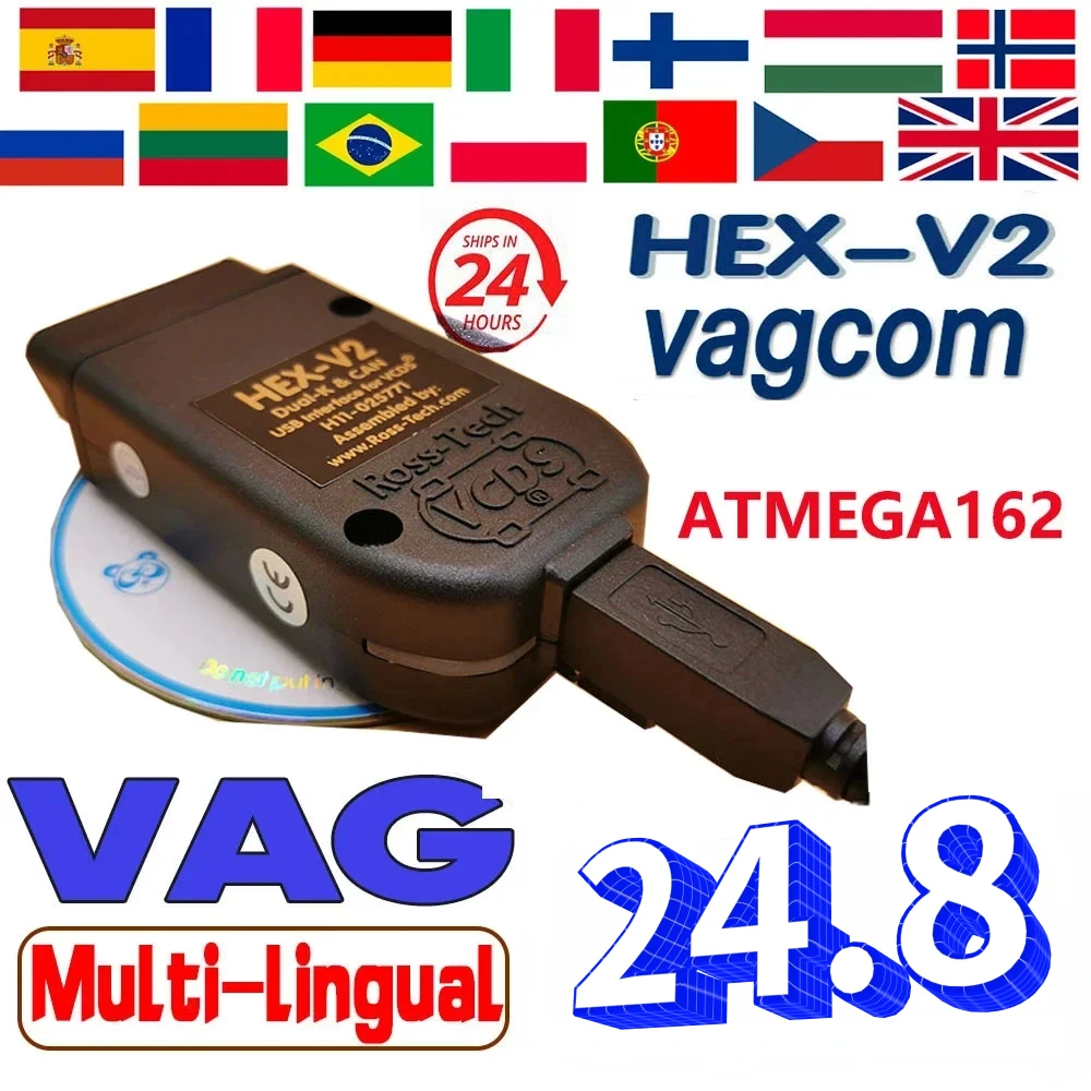 2024 VCDScan HEX V2 VAGCOM 24 7 VAG-COM интерфейс для VW AUDI Skoda Seat Vcds24.7 Многоязычная Автомобильная