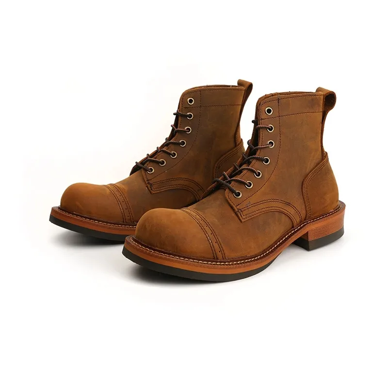 Boots Cowhide Genuine Leather Round Toe  Ankle Boots Winter Tooling Men Motorcycle Boots Coffee Green