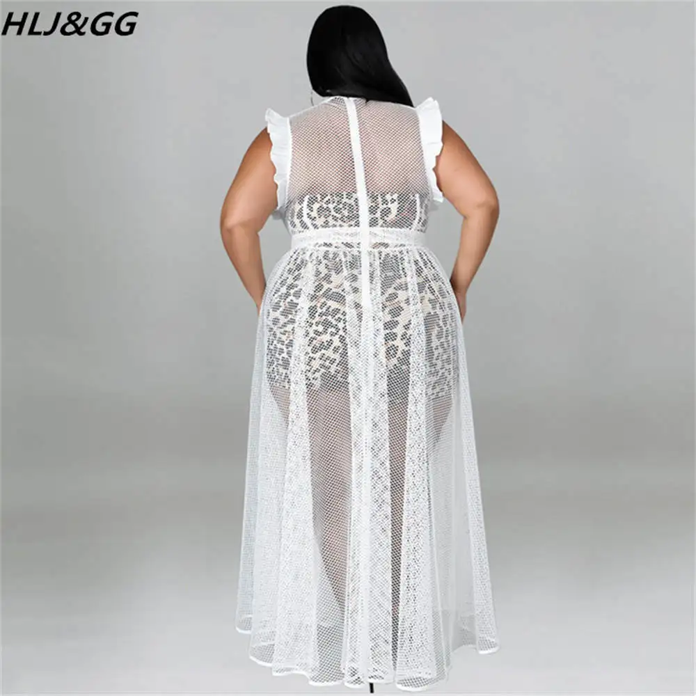 HLJ&GG Sexy Hollow Out Solid Dresses Plus Size Women Clothing XL-5XL Fashion Mesh Sleeve Belt Maxi Dress Vestidos Dropshipping