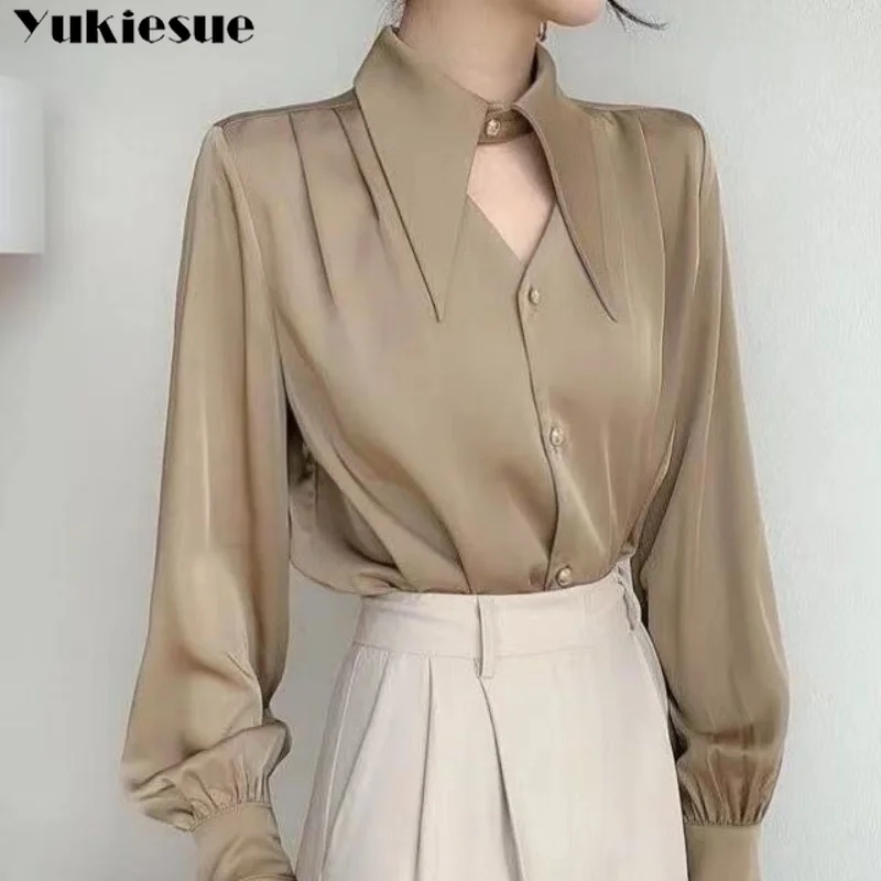 

Spring New Korean Solid Temperament Satin Elegant Button Shirts Fashion Chic Turn-down Collar Long Sleeve Blouse Female Clothing