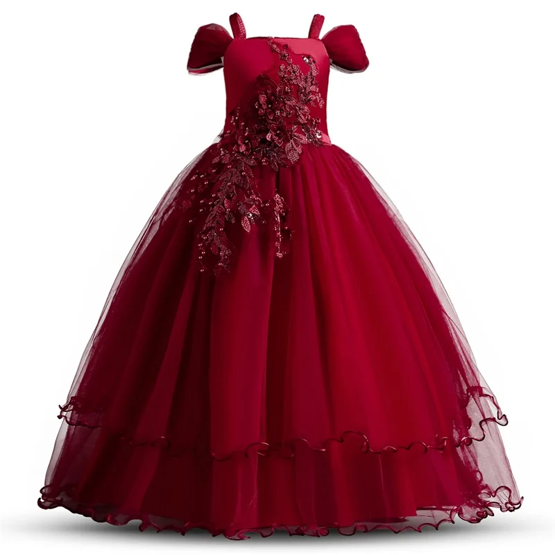 

Summer Red Dress Embroidery Bridesmaid Princess Dress Kids Dresses For Girls Children Party Wedding Dress 5-14 Years