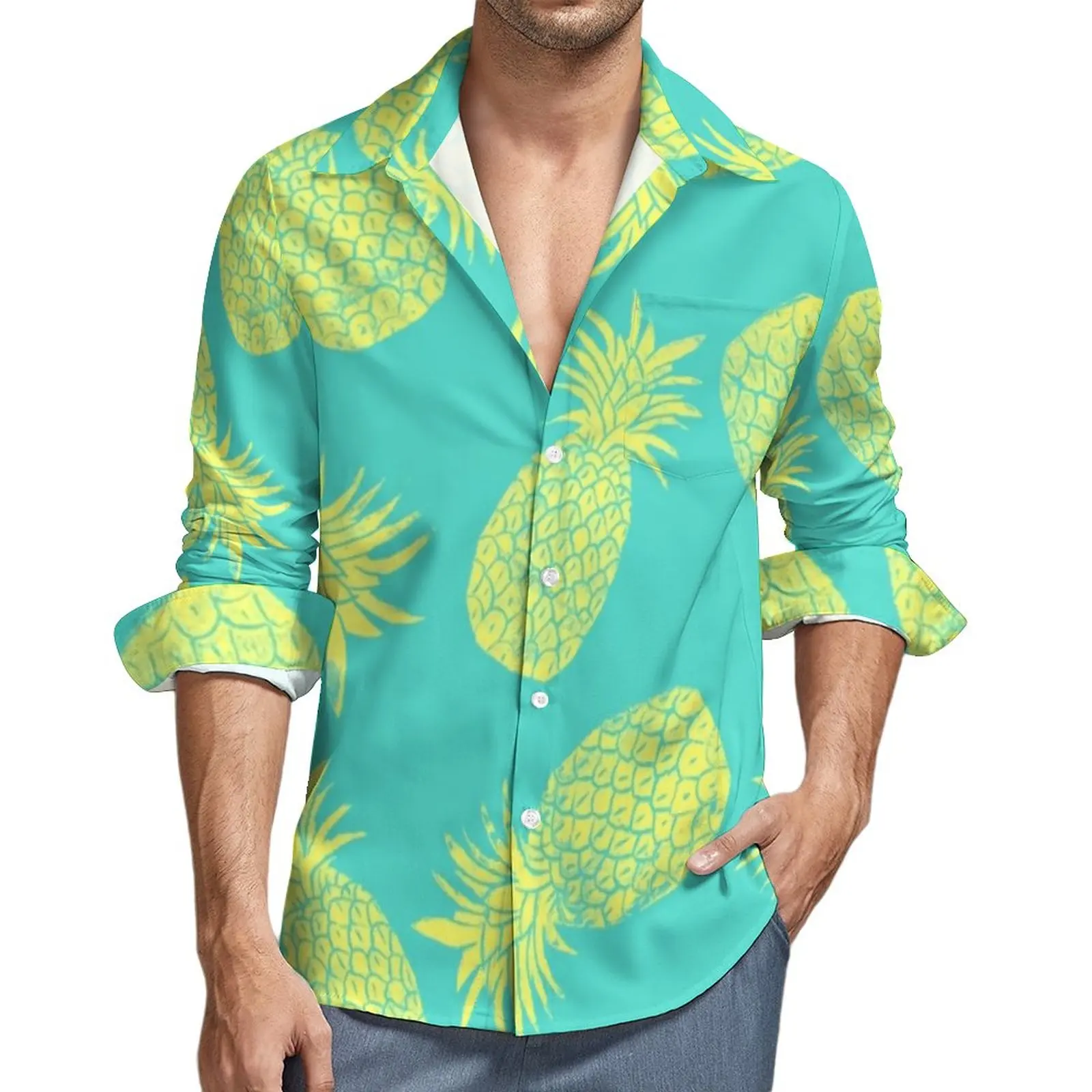 

Yellow Pineapple Shirt Tropical Fruit Print Casual Shirts Long Sleeve Design Stylish Blouses Autumn Retro Oversized Clothing