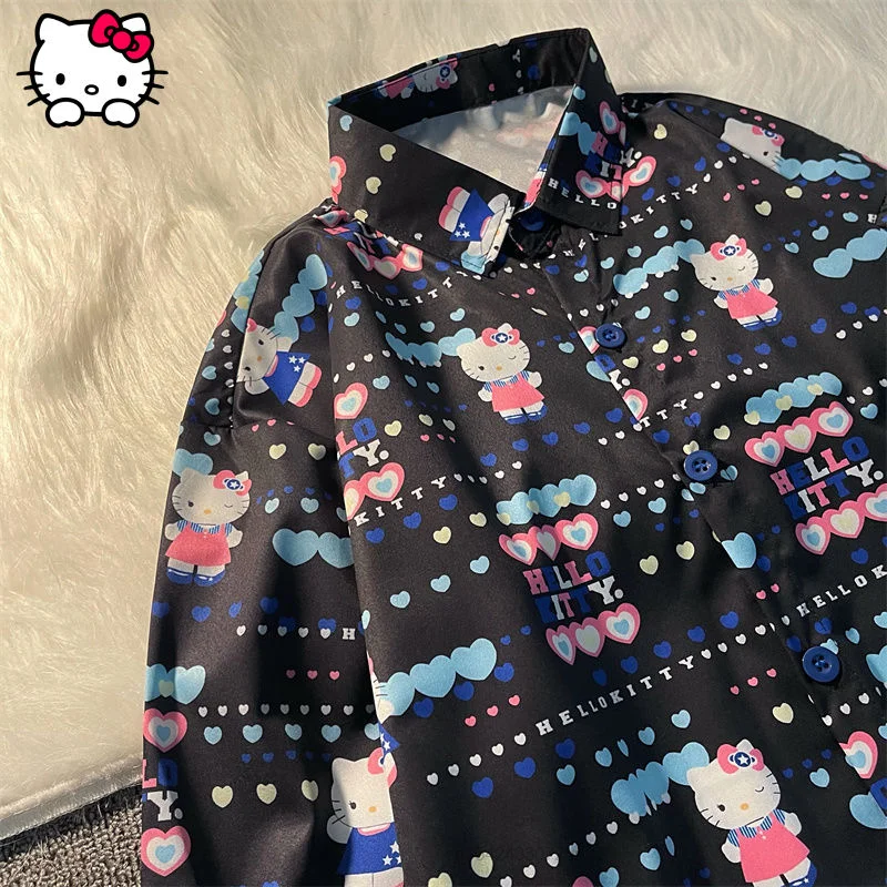 Fashion Print Hello Kitty Blouse Original Design New Black Top Korean Vintage Clothes Button Up Shirt Women Clothing Long Sleeve