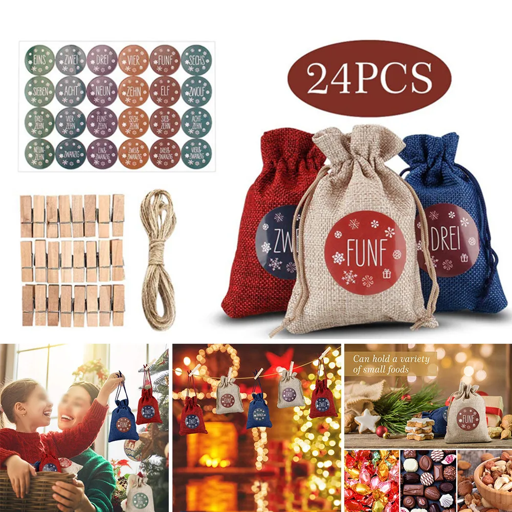 

24Packs 10x14cm Christmas Gift Bags Advent Calendar ​Fillable Fabric Bags 1-24 Number Stickers DIY Christmas Candy Gift Bag