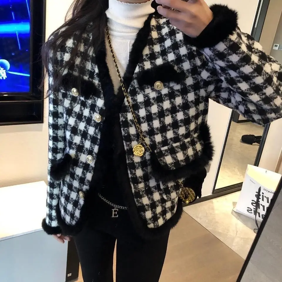 

Женское бархатное пальто, небольшое бархатное пальто из твида в черно-белую клетку