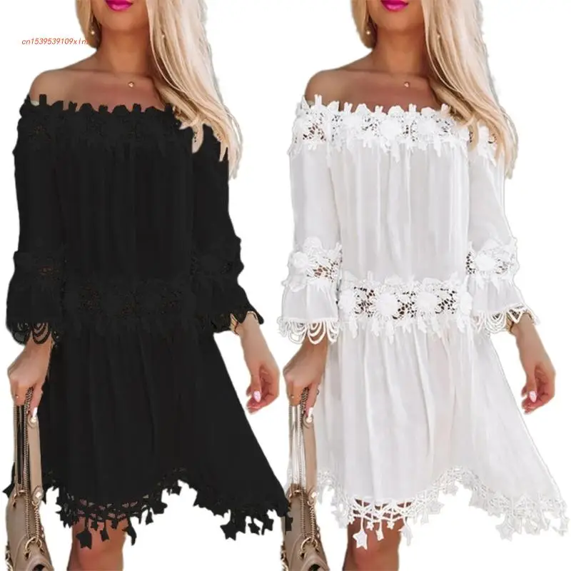 

2023 Summer Dress Sexy Strapless Off Shoulder Lace Dresses for Women Casual Loose Short Dress for Party Weeding