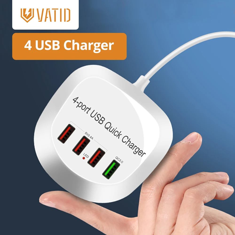 

Vatid 4 Ports Quick Charge QC3.0 Phone Charger 36W 2.4A USB Charger Adapter Fast Charging For iPhone iPad samsung xiaomi huawei