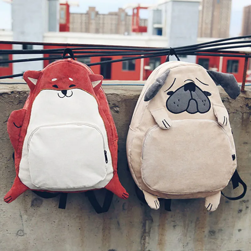 Cute Pug Dog Corduroy Backpacks for Women Japan Style Fox Embroidery School Bags for Teenage Girls Large Travel Mochila Female