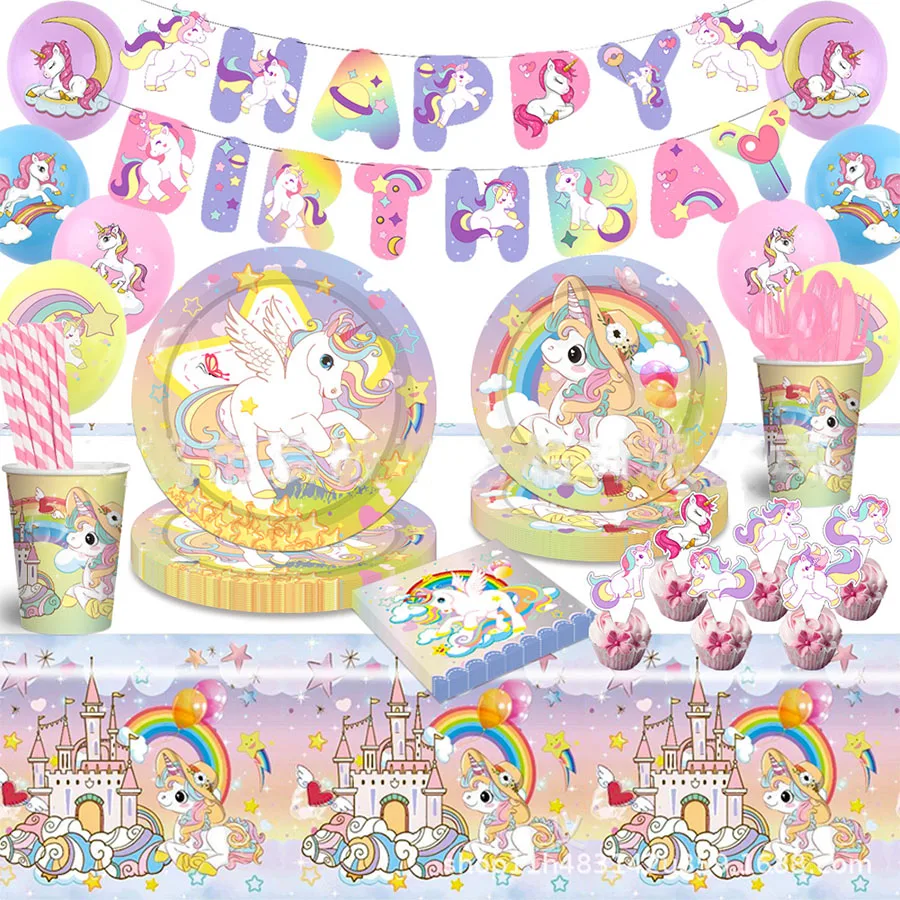 

10Guests Rainbow Unicorn Disposable Tableware Rainbow Horse Plates Napkins Princess Girls Happy Unicorn Birthday Party Supplies