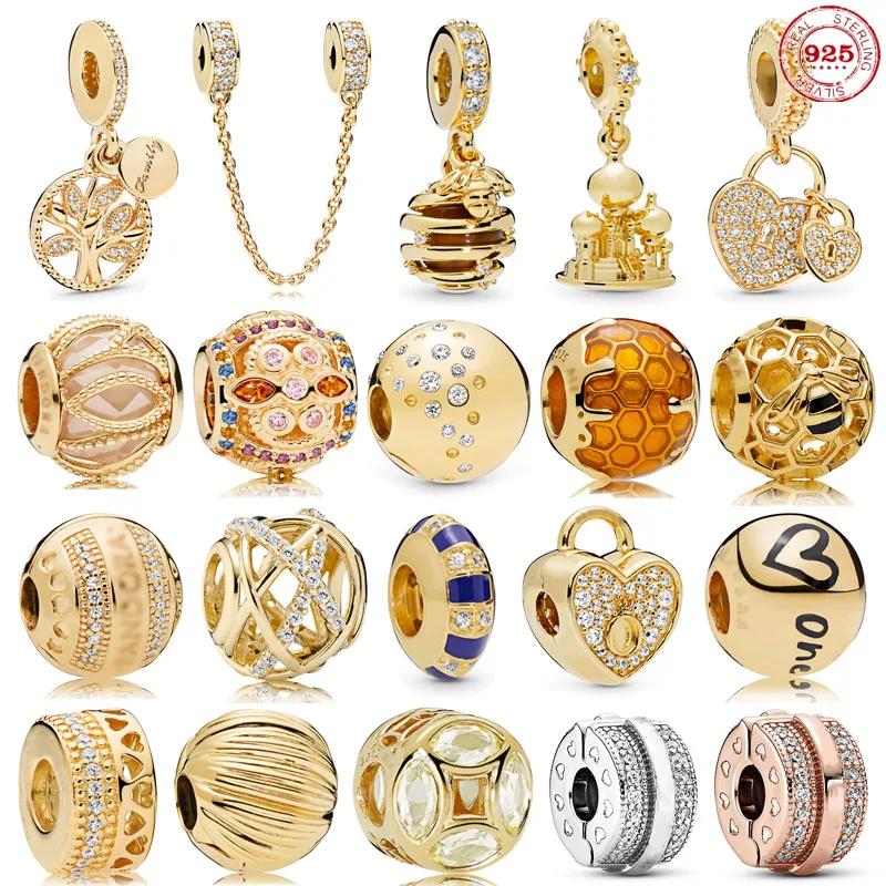 

Hot Sale 925 Sterling Silver Gold Castle Heart Lock Charms Beads Fits Original Pandora Bracelet DIY Making Birthday Gifts