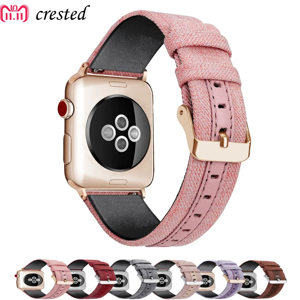 

Leather Strap For Apple watch 6 band 40mm 44mm iWatch Band 38mm 42mm Leather+canvas belt bracelet Apple watch series 3 4 5 se 6