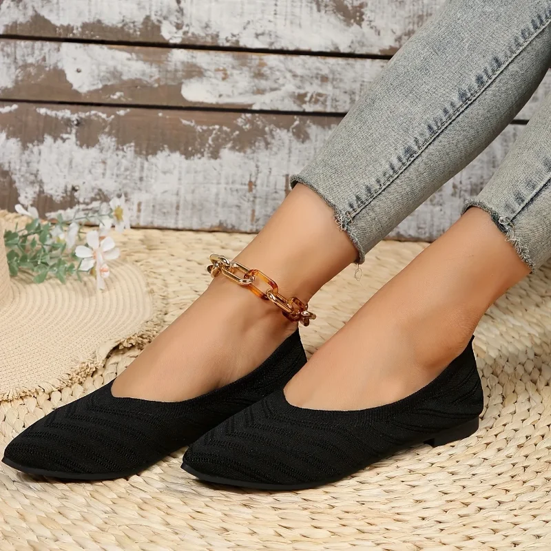 Туфли женские однотонные трикотажные заостренный носок плоская подошва