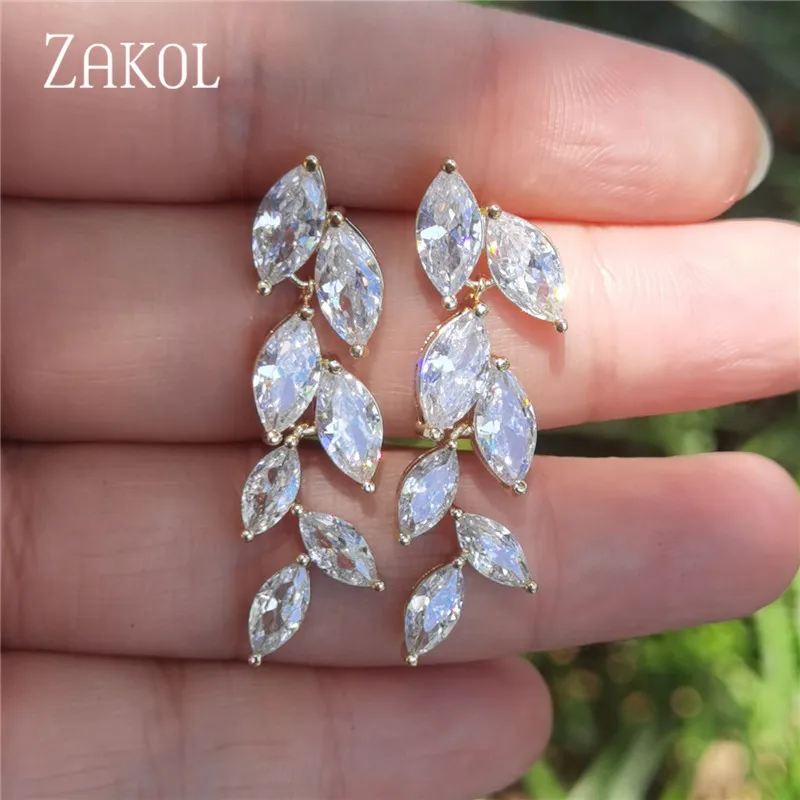 

ZAKOL Fashion Marquise Cut White AAA CZ Zircon Crystal Drop Earrings for Women Gold Color Leaf Wedding Jewelry FSEP512