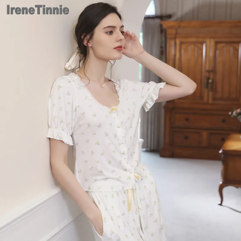 

IRENE TINNIE 2022 Woman Summer Floral Short-Sleeved Shorts Suit Sleepwear Round Neck Pijama Mujer ensemble femme 2 pièces