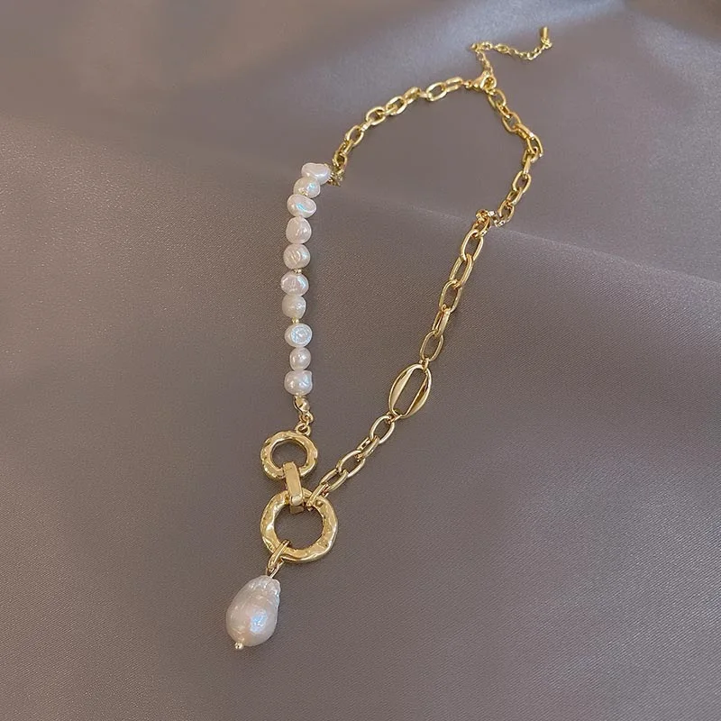 

Collarbone Chain Asymmetric Metal Imitation Pearl Necklace Gold Color Fashion Design Sense Jewelry Accessories