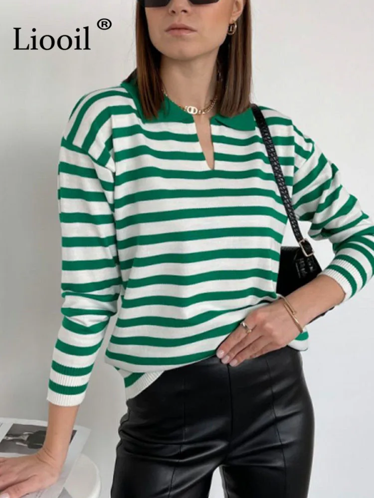 

Patchwork Striped Knit Sweater Women Pullover Tops Long Sleeve Turndown Collar Jumper Autumn Winter Streetwear Baggy Sweaters