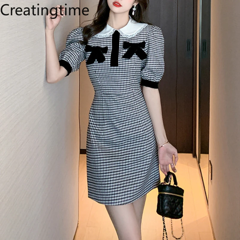 

Creatingtime 2022 Summer New Vintage Houndstooth Plaid Puff Sleeves High Waist Dress Bow Peter Pan Collar Women Fashion GA900