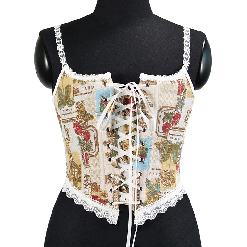 

Short Sexy Lace Suspenders Corset Fishbone Abdominal Gathering Breast Shaper Top Gothic Corset Woman Oil Painting Bustier Crop